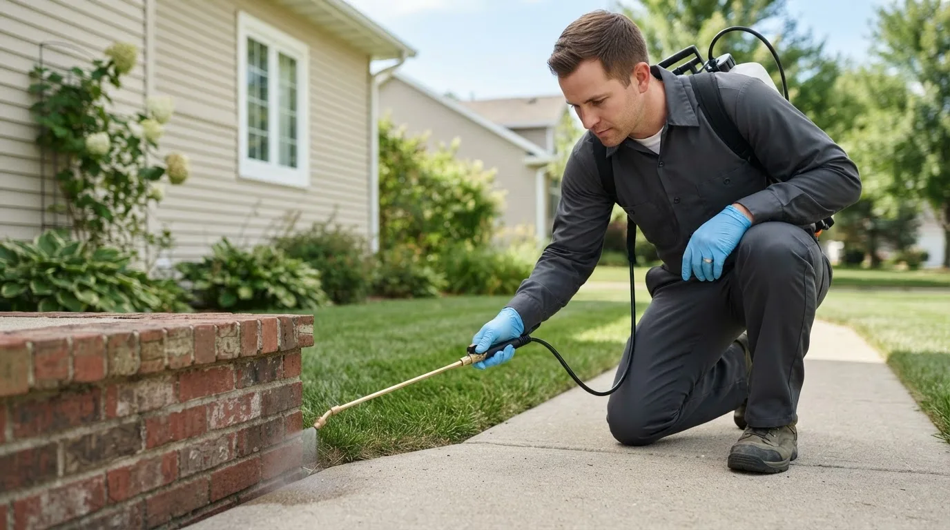 Pest control technician treating a home near Amesbury, MA