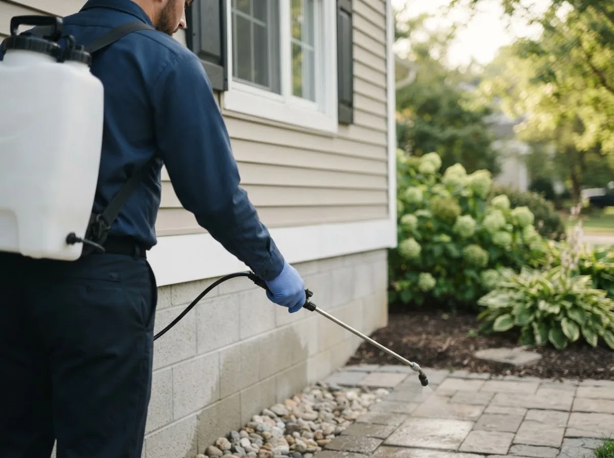 Pest control technician inspecting a home in Amesbury, MA